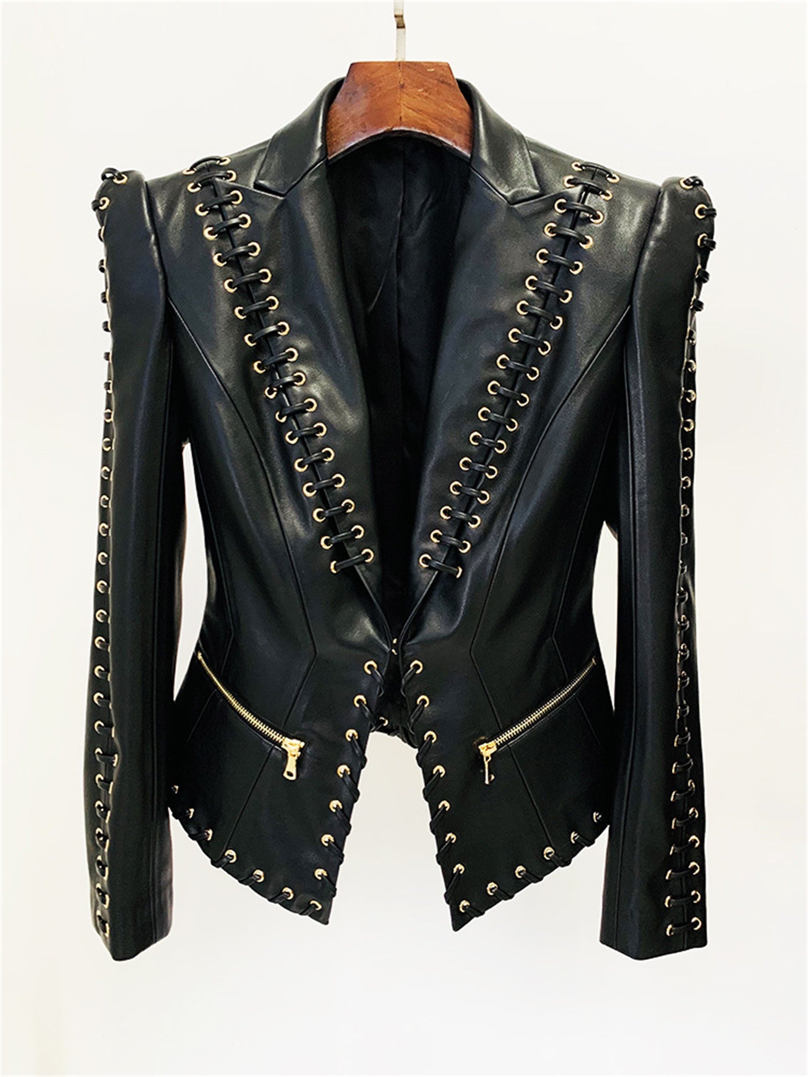 Platlogy Black Lace Up Detailed Fitted Leather Blazer Women Cropped Long Sleeve Formal Party Leather Jacket