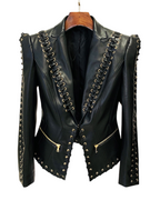 Platlogy Black Lace Up Detailed Fitted Leather Blazer Women Cropped Long Sleeve Formal Party Leather Jacket