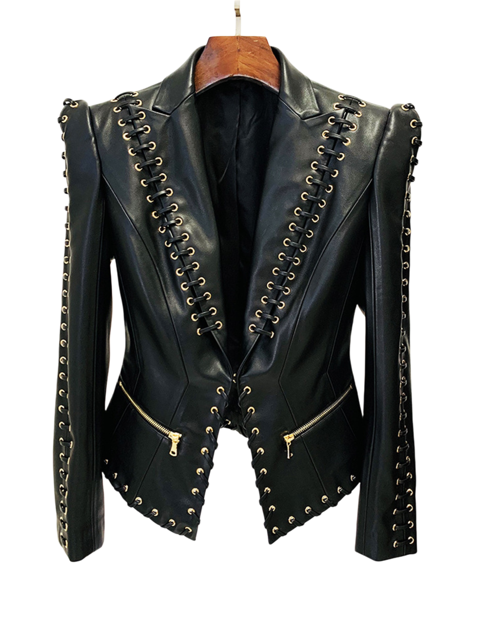 Platlogy Black Lace Up Detailed Fitted Leather Blazer Women Cropped Long Sleeve Formal Party Leather Jacket