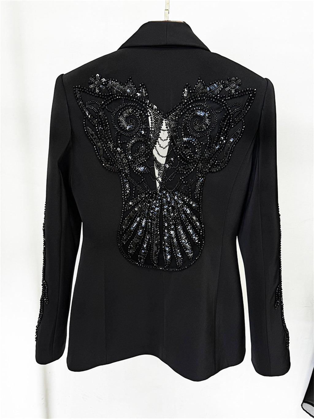 Platlogy Elegant Rhinestone Cutout Back Blazer Sheer Mesh Wide Leg Pants Formal Two Piece Women Suit