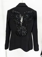 Platlogy Elegant Rhinestone Cutout Back Blazer Sheer Mesh Wide Leg Pants Formal Two Piece Women Suit