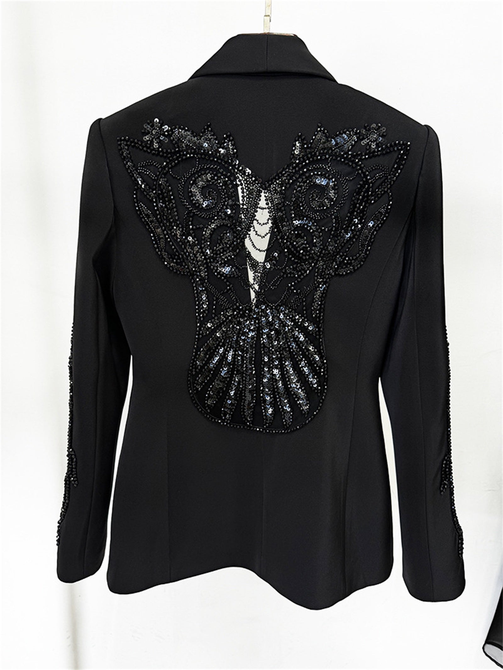Platlogy Elegant Rhinestone Cutout Back Blazer Sheer Mesh Wide Leg Pants Formal Two Piece Women Suit
