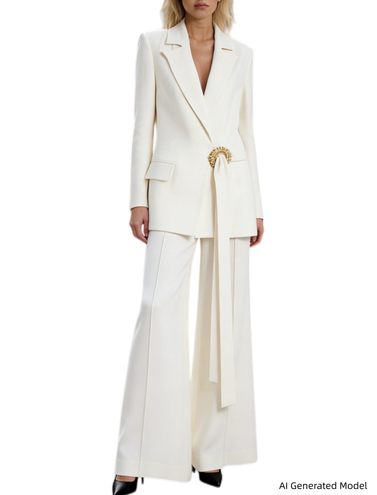 Platlogy Elegant Belt Buckle Blazer And Flared Trouser Two Piece Women Formal Suit Set For Office Business Events