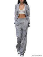Platlogy Grey Rhinestone Stripe Double Breasted Blazer Pants Set Elegant Women Business Two Piece Suit for Work Party Daily Wear