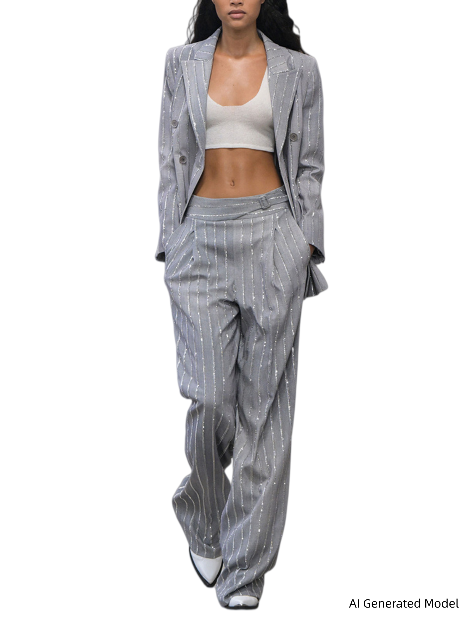 Platlogy Grey Rhinestone Stripe Double Breasted Blazer Pants Set Elegant Women Business Two Piece Suit for Work Party Daily Wear