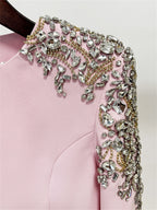 Platlogy Pink Shoulder Rhinestone Embellished Long Sleeve Midi Formal Dress Elegant Party Cocktail Sheath Dress