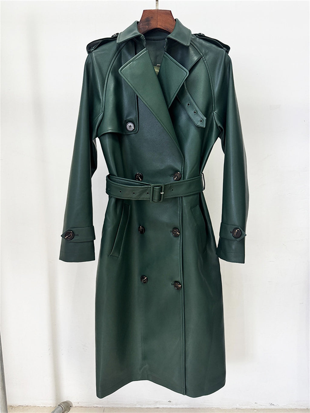 Platlogy Emerald Green Double Breasted Belted Long Leather Trench Coat For Women Elegant Fall Winter Outerwear