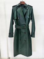 Platlogy Emerald Green Double Breasted Belted Long Leather Trench Coat For Women Elegant Fall Winter Outerwear