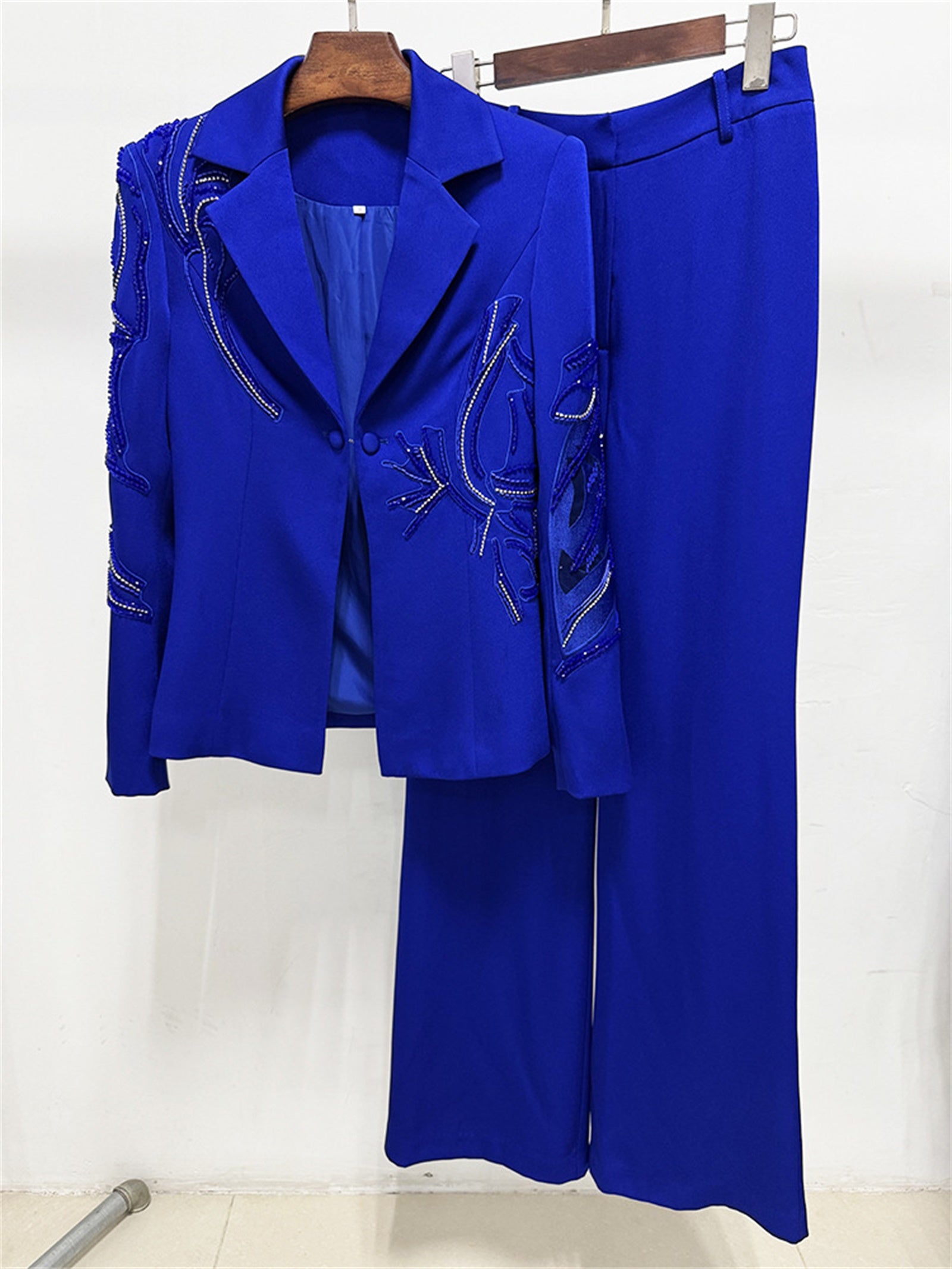 Platlogy Royal Blue Hand Beaded Blazer Wide Leg Pants Two Piece Formal Suit For Women Elegant Business Party Matching Outfit