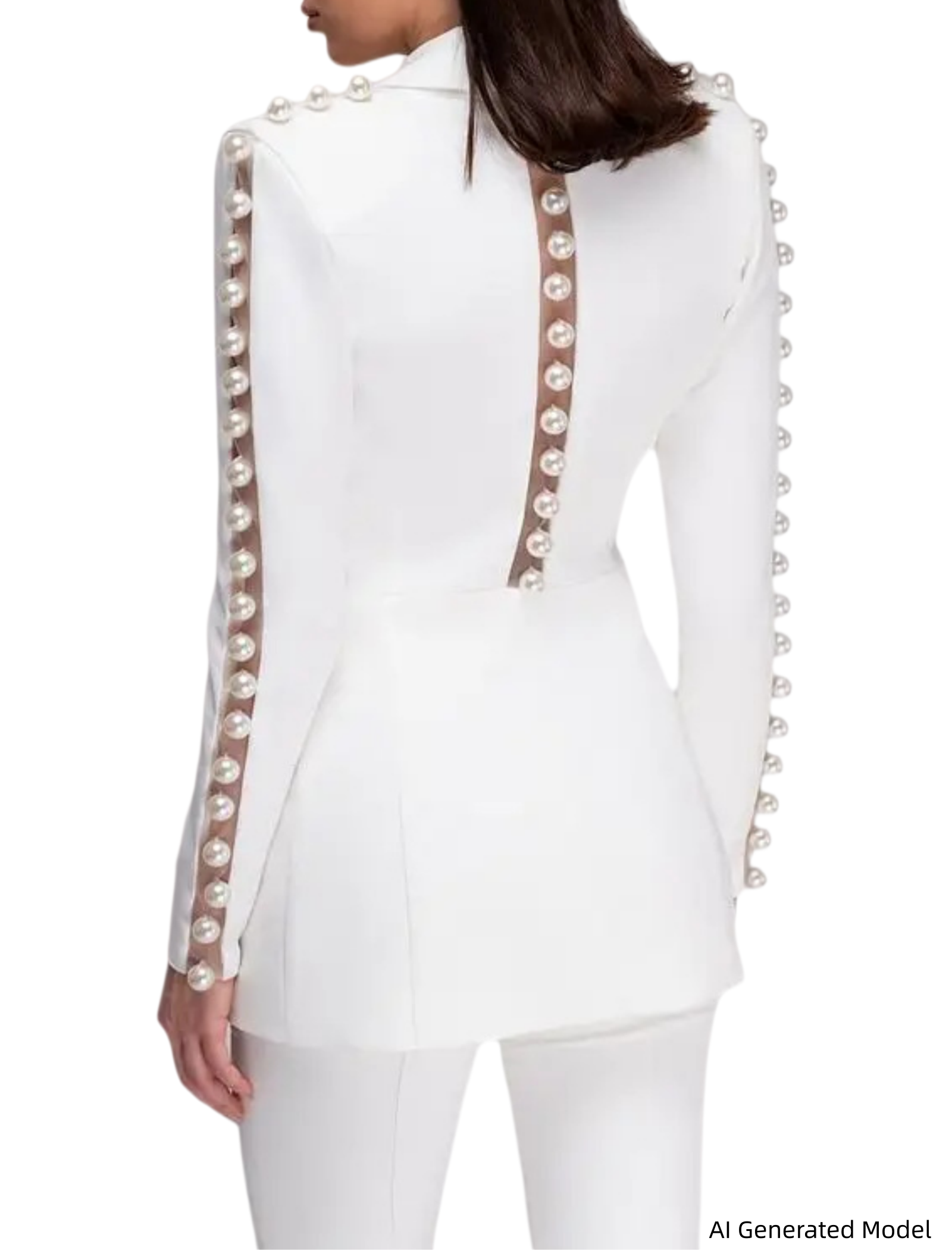 Platlogy White Pearl Decorated Blazer Pants Set Elegant Formal Women Two Piece Suit For Work Party Events