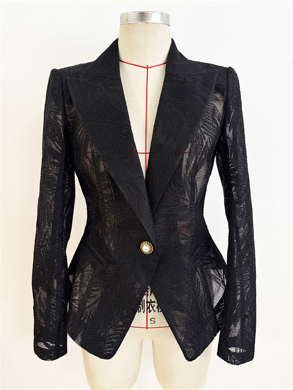 Platlogy Women Slim Fit Sheer Lace Blazer Single Button Padded Shoulder Formal Office Jacket