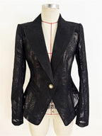 Platlogy Women Slim Fit Sheer Lace Blazer Single Button Padded Shoulder Formal Office Jacket
