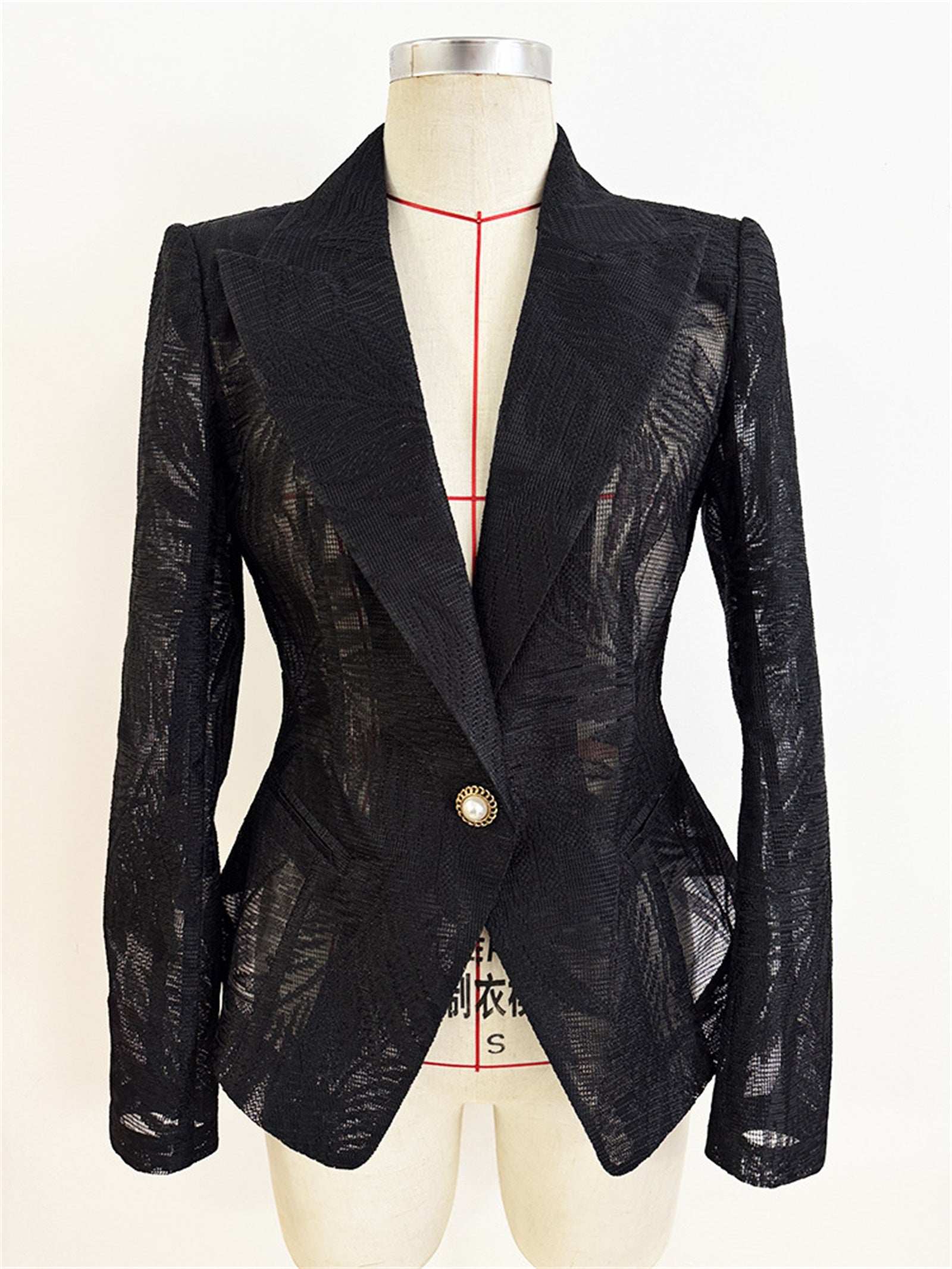 Platlogy Women Slim Fit Sheer Lace Blazer Single Button Padded Shoulder Formal Office Jacket