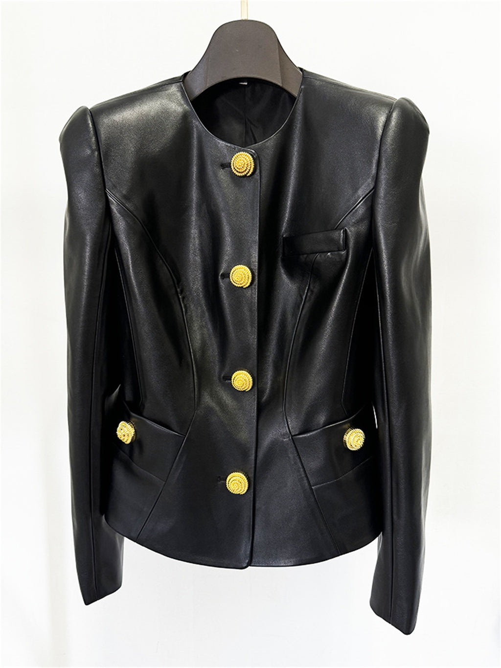 Platlogy Women Round Neck Gold Button Slim Faux Leather Cropped Jacket Elegant Formal Daily Outerwear