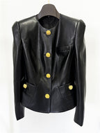 Platlogy Women Round Neck Gold Button Slim Faux Leather Cropped Jacket Elegant Formal Daily Outerwear