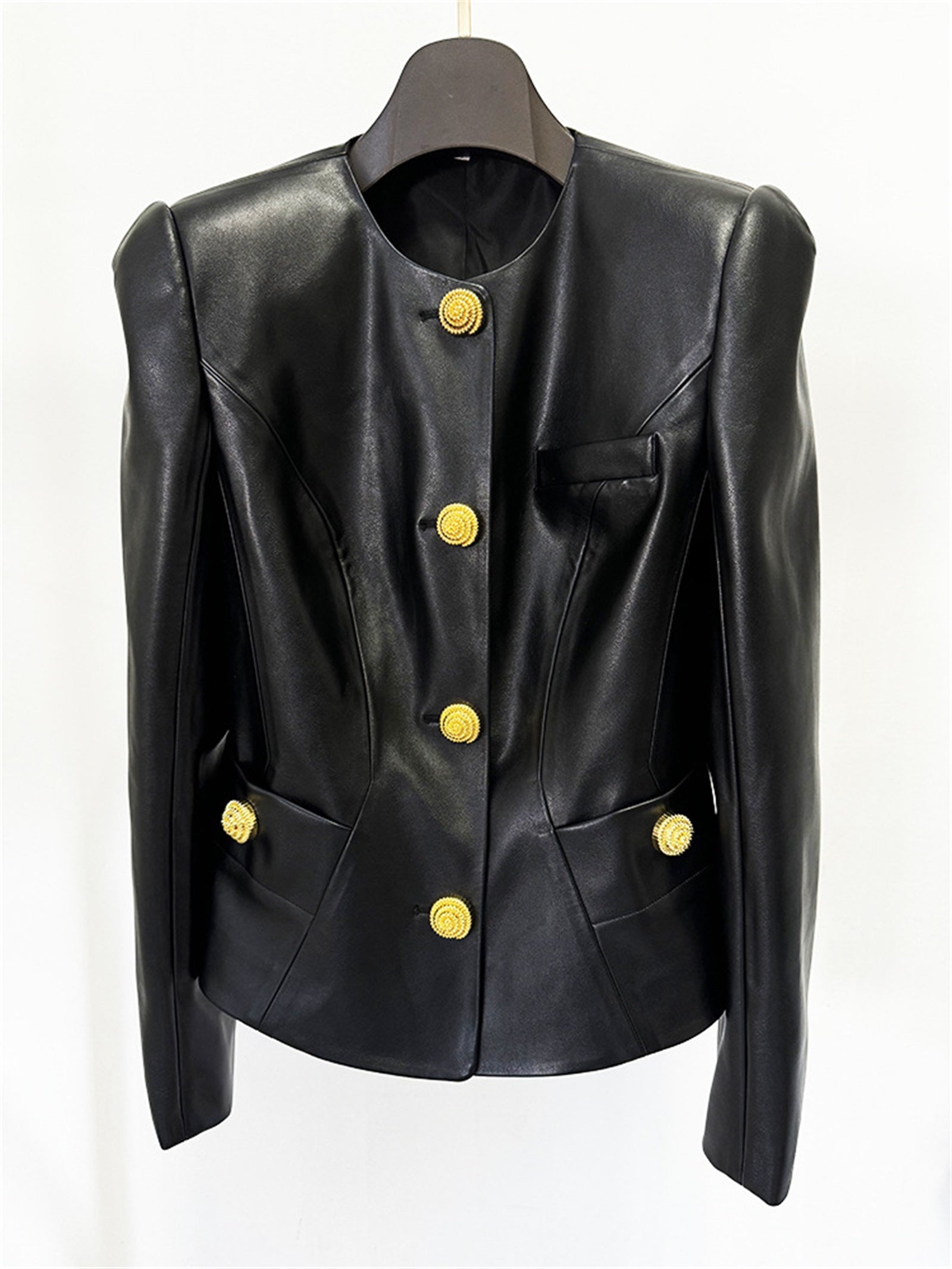 Platlogy Women Round Neck Gold Button Slim Faux Leather Cropped Jacket Elegant Formal Daily Outerwear