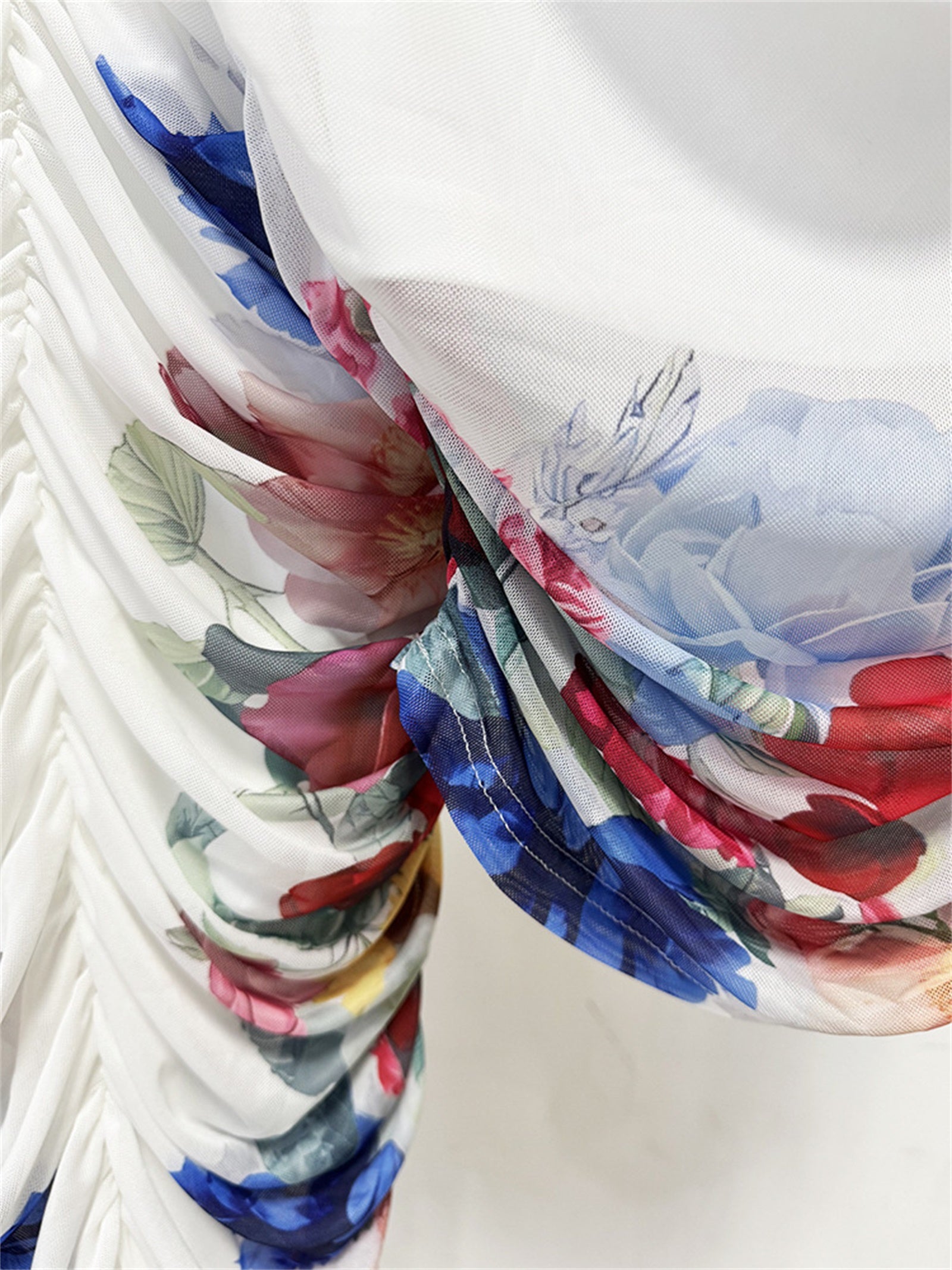 Platlogy Floral Print Draped Neck Mesh Two Piece Crop Top Ruched  Skirt Set
