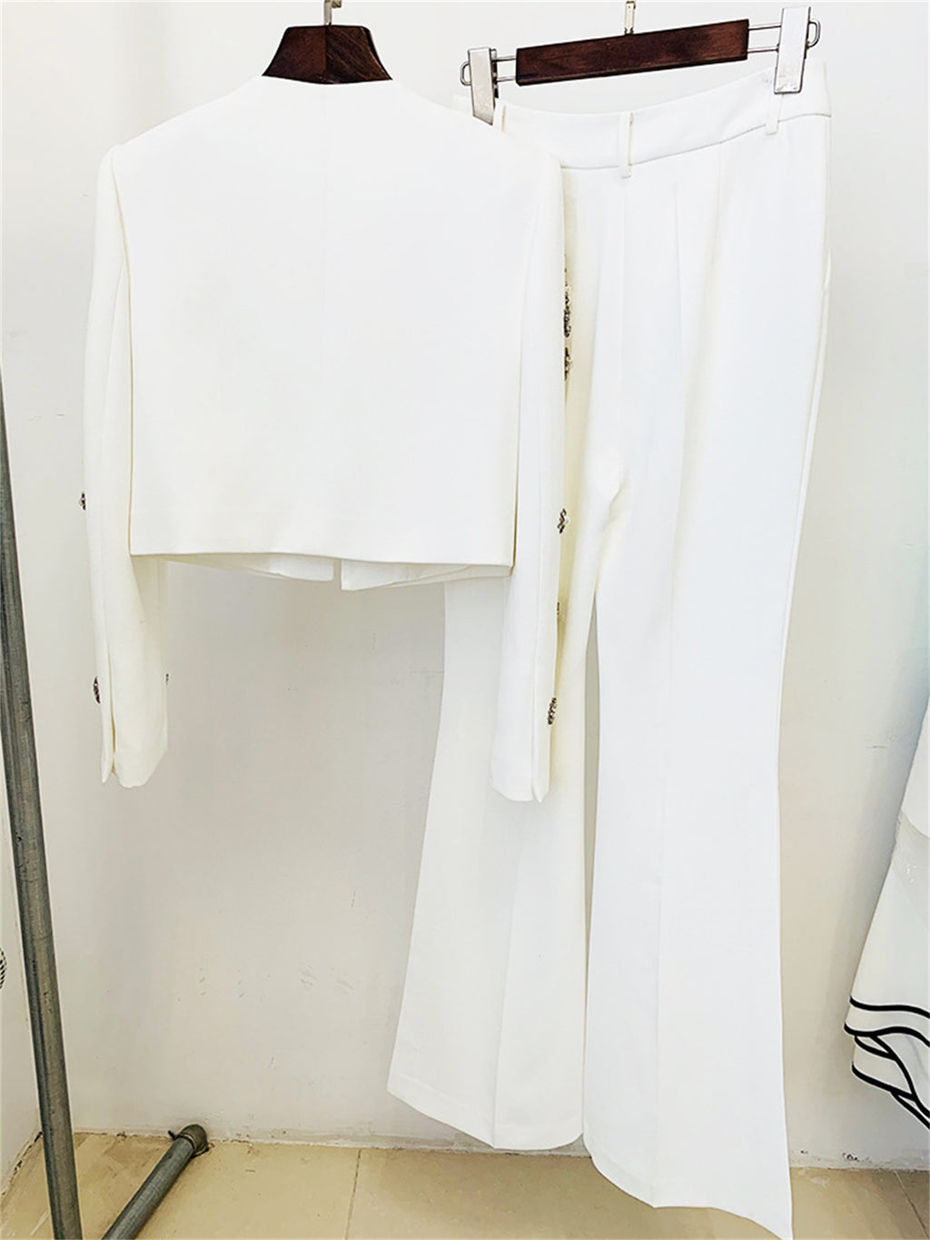 Womens Rhinestone Embellished Cropped Blazer And Flared Pants Two Piece Set