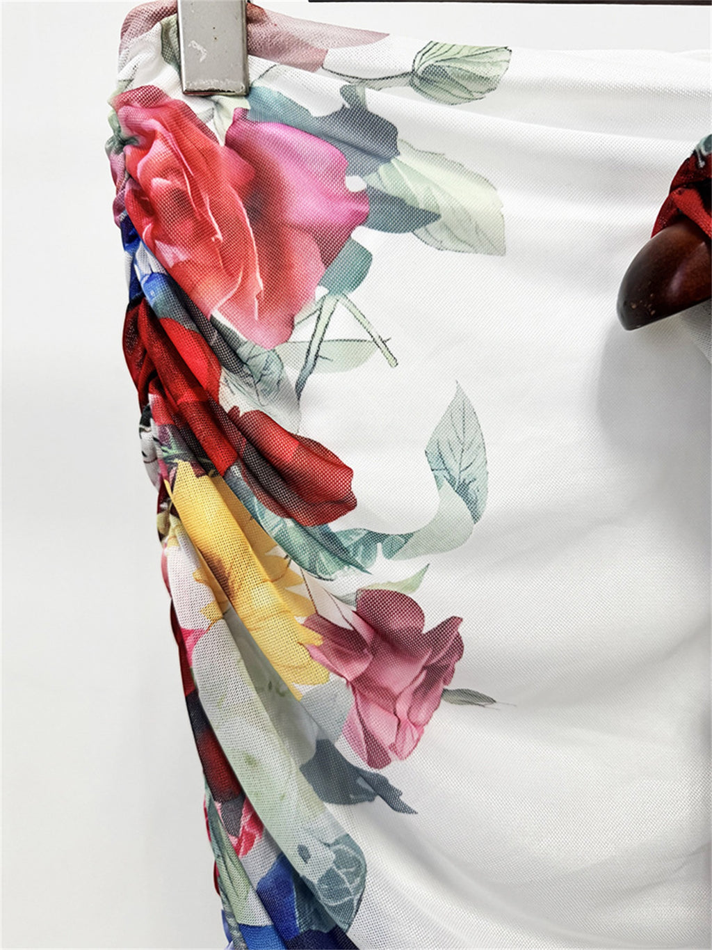 Platlogy Floral Print Draped Neck Mesh Two Piece Crop Top Ruched  Skirt Set