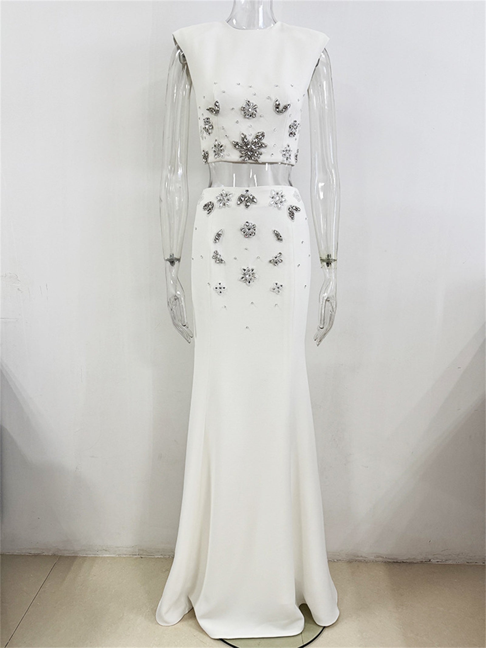 Platlogy White Two Piece Mermaid Evening Gown Handmade Rhinestone Sleeveless Formal Party Dress