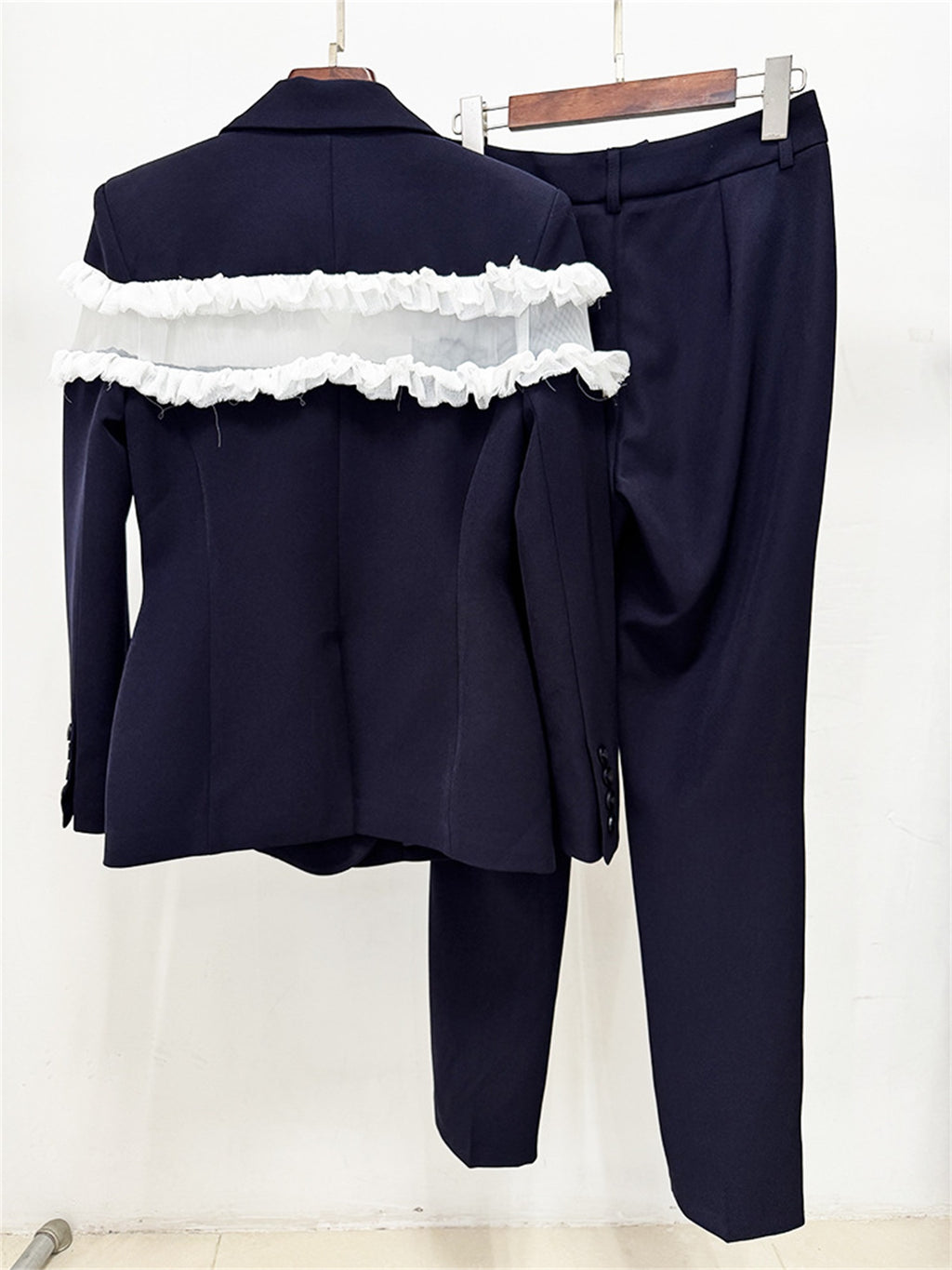 Platlogy Women Navy Ruffled Mesh Patchwork Blazer Pants Set Elegant Formal 2 Piece Suit for Work Party
