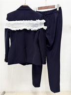 Platlogy Women Navy Ruffled Mesh Patchwork Blazer Pants Set Elegant Formal 2 Piece Suit for Work Party