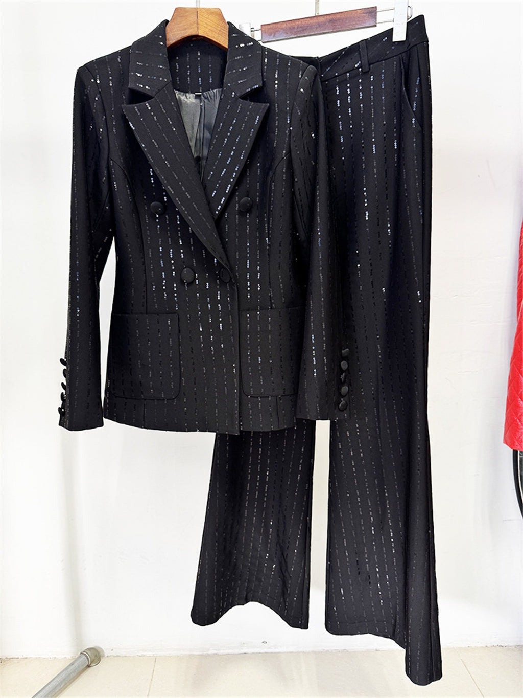 Platlogy Sparkly Striped Double Breasted Blazer and Flared Pants Two Piece Formal Suit Set for Women Elegant Business Party Outfit