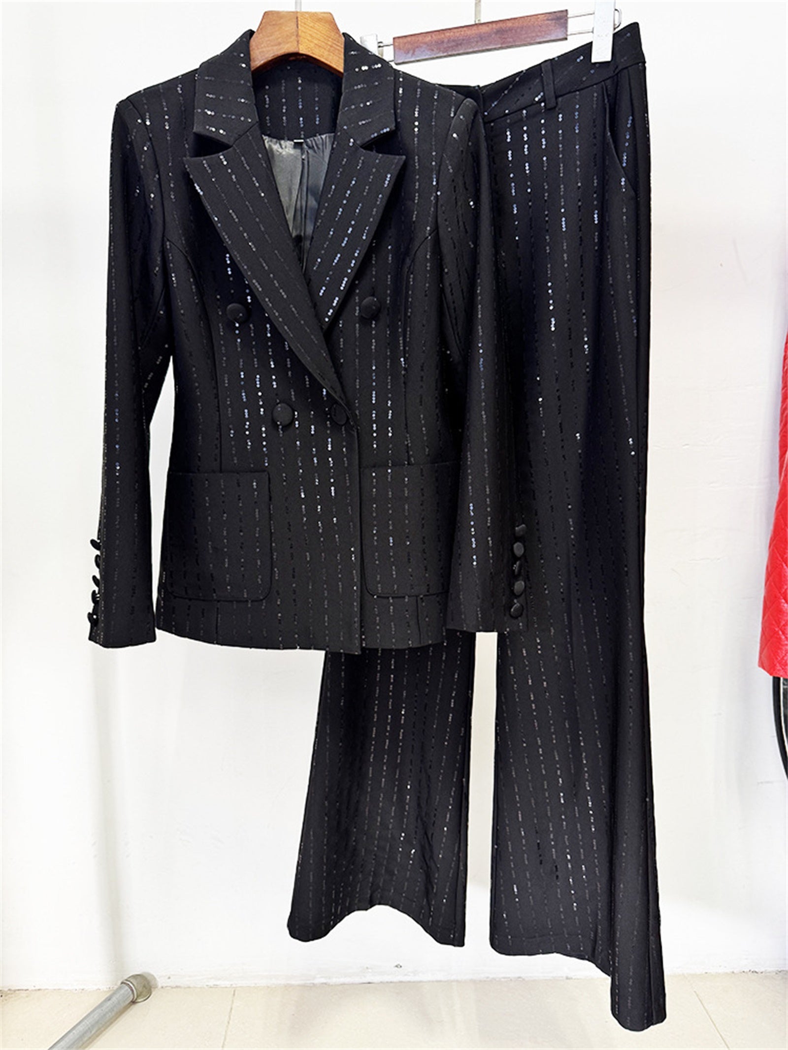 Platlogy Sparkly Striped Double Breasted Blazer and Flared Pants Two Piece Formal Suit Set for Women Elegant Business Party Outfit