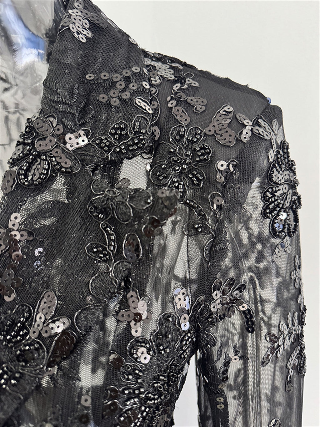 Platlogy Black Sequin Lace Blazer Straight Trouser 2 Piece Set Elegant Formal Women Pant Suit for Evening Party Business Occasions