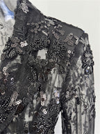 Platlogy Black Sequin Lace Blazer Straight Trouser 2 Piece Set Elegant Formal Women Pant Suit for Evening Party Business Occasions