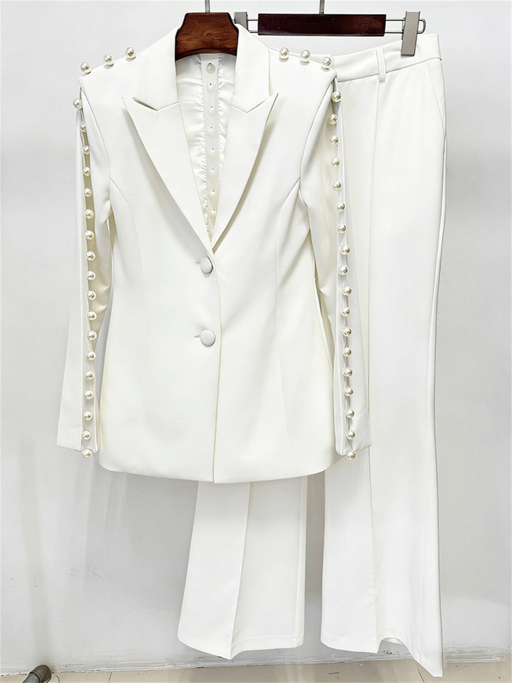 Platlogy White Pearl Decorated Blazer Pants Set Elegant Formal Women Two Piece Suit For Work Party Events