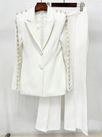 Platlogy White Pearl Decorated Blazer Pants Set Elegant Formal Women Two Piece Suit For Work Party Events