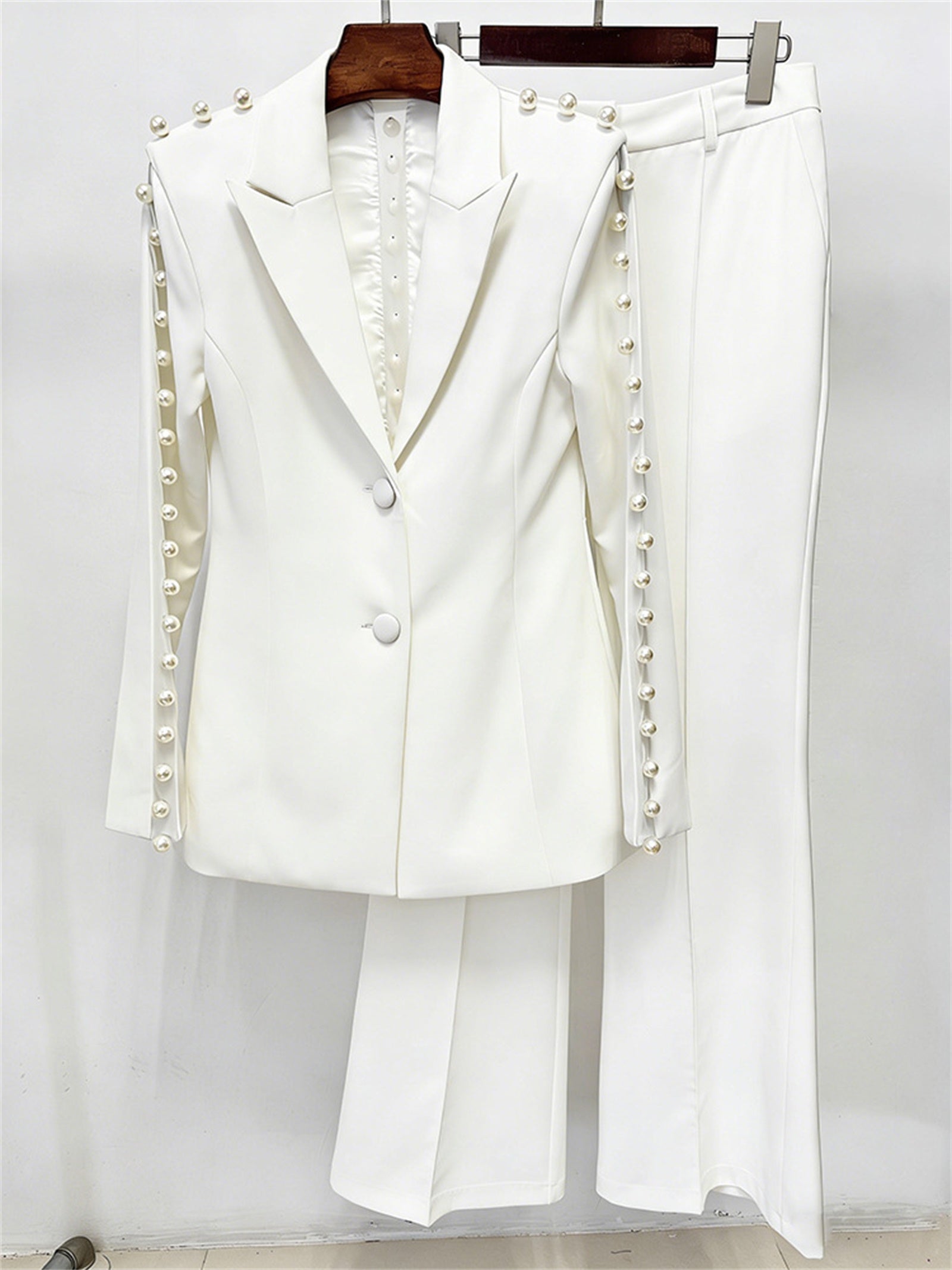 Platlogy White Pearl Decorated Blazer Pants Set Elegant Formal Women Two Piece Suit For Work Party Events