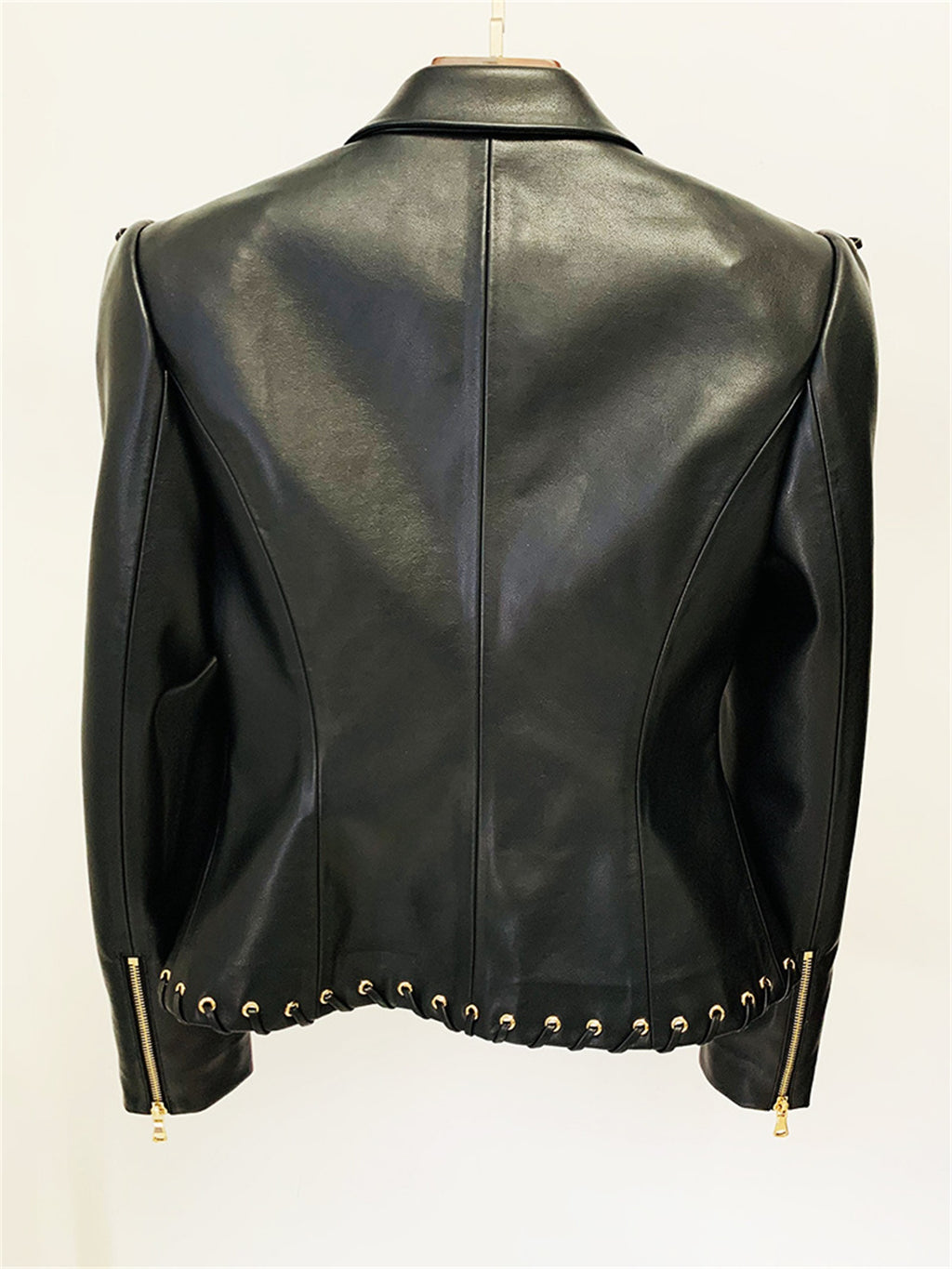 Platlogy Black Lace Up Detailed Fitted Leather Blazer Women Cropped Long Sleeve Formal Party Leather Jacket