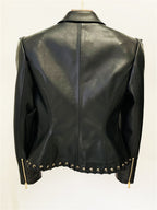 Platlogy Black Lace Up Detailed Fitted Leather Blazer Women Cropped Long Sleeve Formal Party Leather Jacket