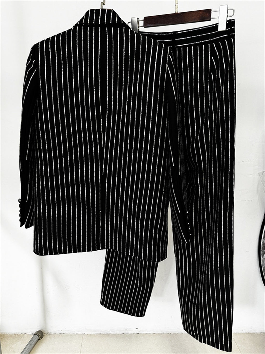 Platlogy Sparkle Vertical Stripe Women Two Piece Blazer And Trouser Suit Formal Business Office Outfit