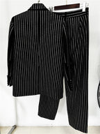 Platlogy Sparkle Vertical Stripe Women Two Piece Blazer And Trouser Suit Formal Business Office Outfit