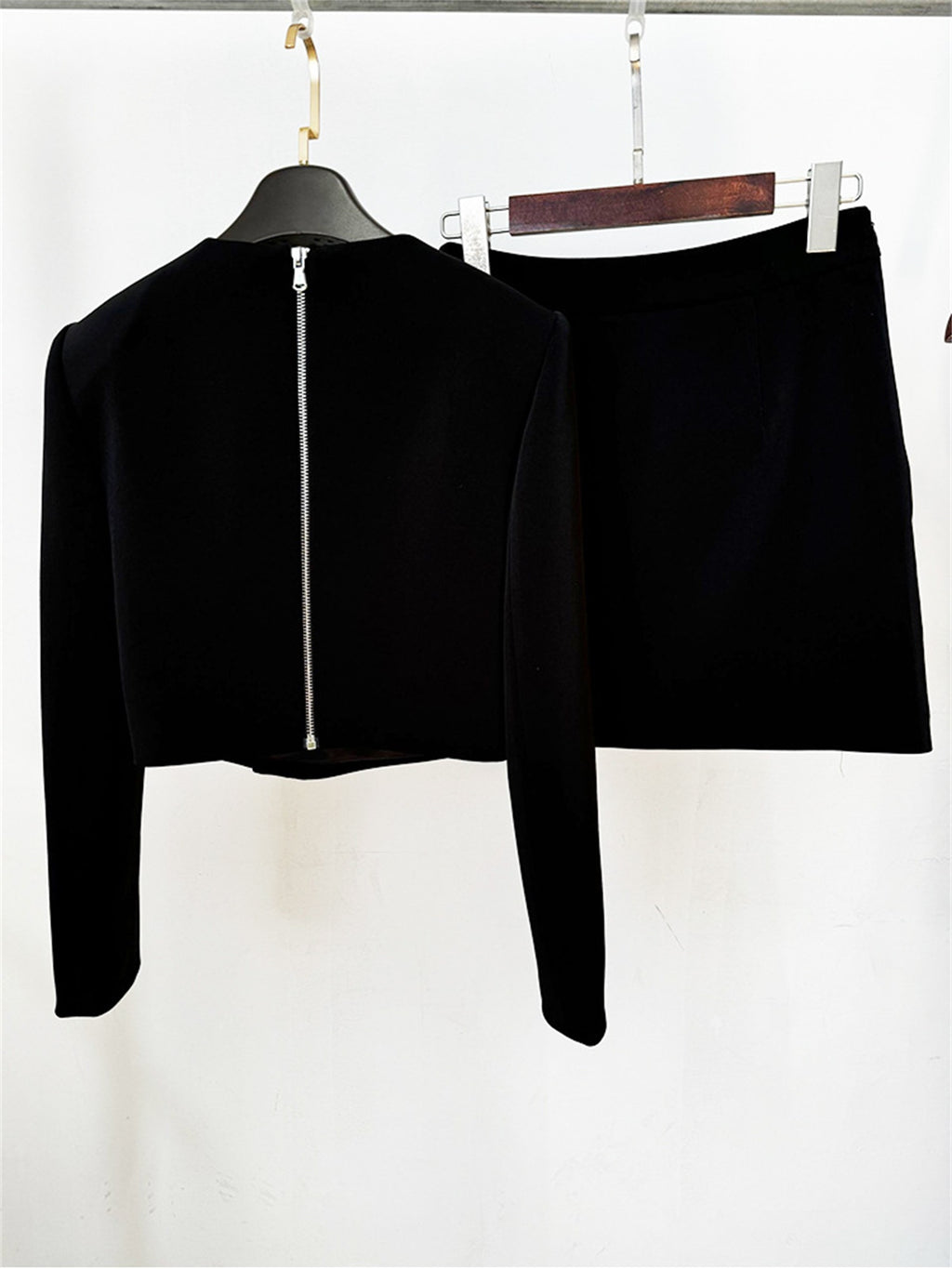 Platlogy Rhinestone Decor Black Two Piece Outfit Long Sleeve Cropped Top Mini Skirt Elegant Party Women Matching Set