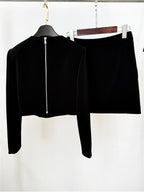 Platlogy Rhinestone Decor Black Two Piece Outfit Long Sleeve Cropped Top Mini Skirt Elegant Party Women Matching Set