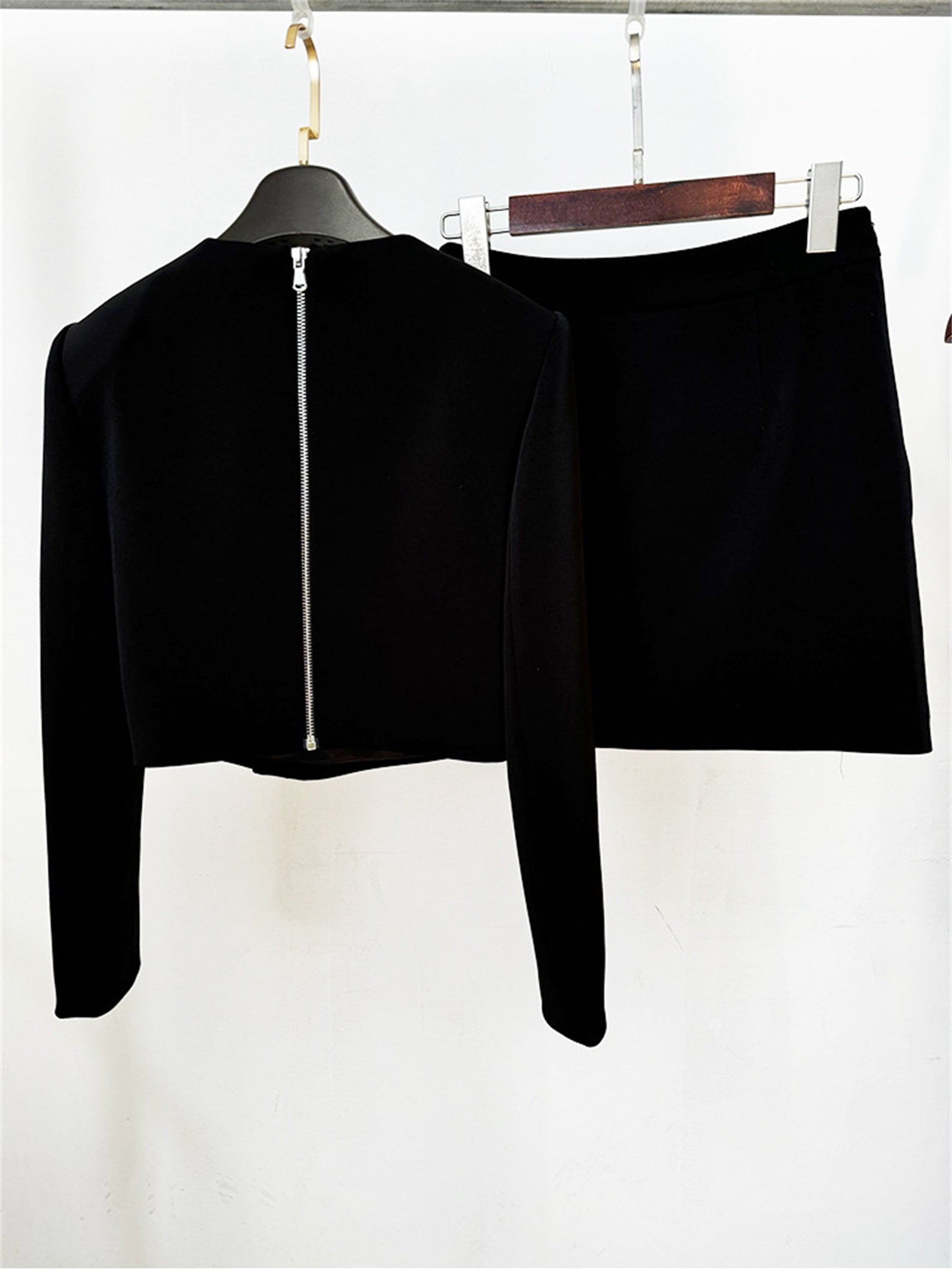 Platlogy Rhinestone Decor Black Two Piece Outfit Long Sleeve Cropped Top Mini Skirt Elegant Party Women Matching Set