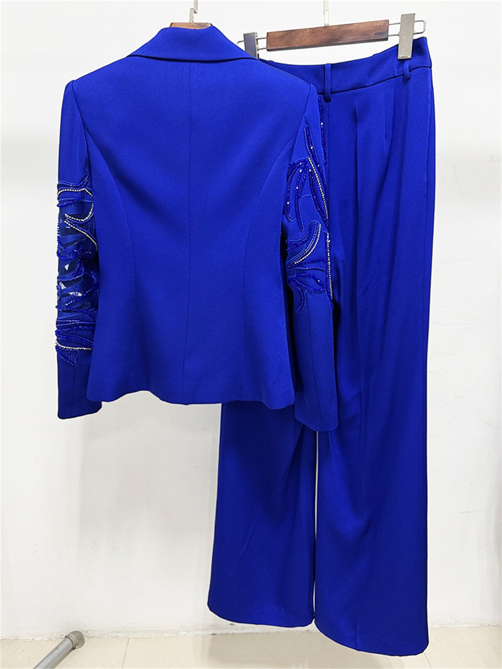 Platlogy Royal Blue Hand Beaded Blazer Wide Leg Pants Two Piece Formal Suit For Women Elegant Business Party Matching Outfit