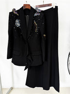 Platlogy Elegant Butterfly Sequin Rhinestone Blazer Wide Leg Pants 2 Piece Women Suit Formal Business Party Outfit
