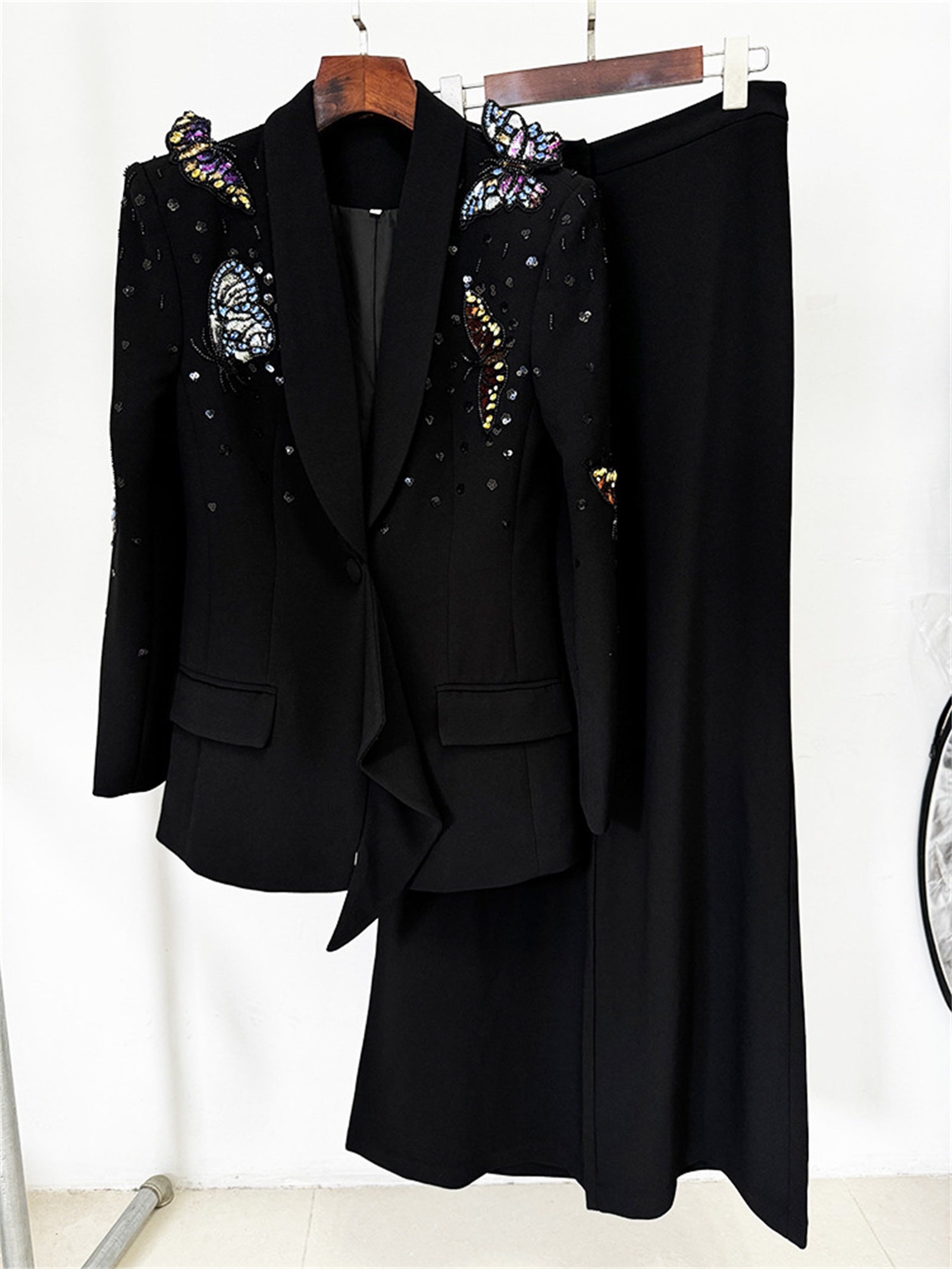 Platlogy Elegant Butterfly Sequin Rhinestone Blazer Wide Leg Pants 2 Piece Women Suit Formal Business Party Outfit