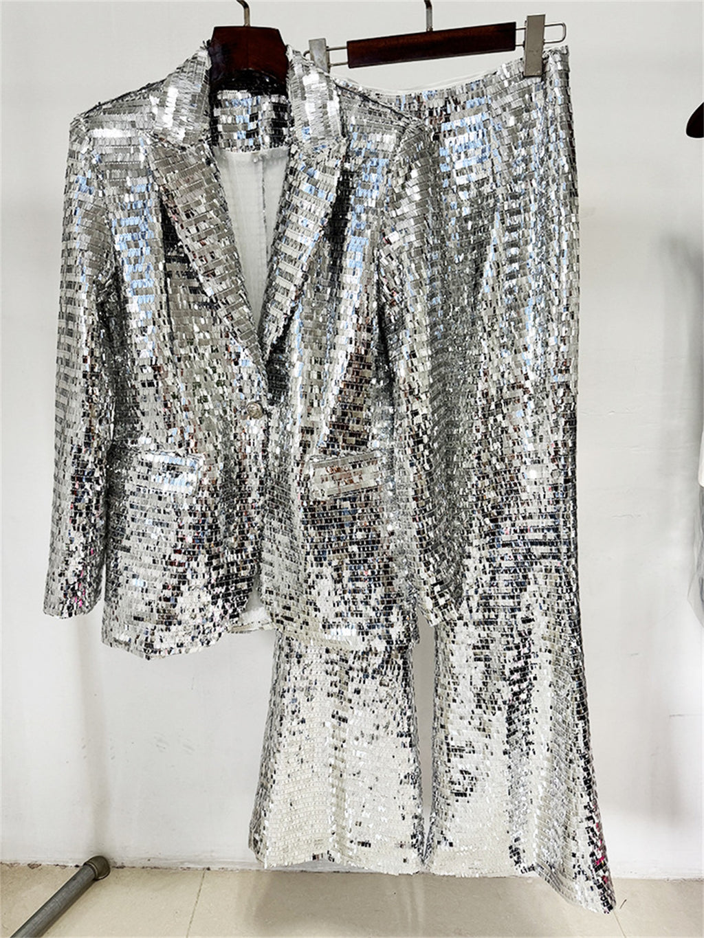 Platlogy Silver Sequin Blazer Pant Set Women Glitter Two Piece Outfit For Party Prom Stage Show