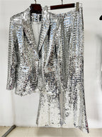 Platlogy Silver Sequin Blazer Pant Set Women Glitter Two Piece Outfit For Party Prom Stage Show