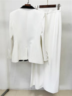 Platlogy Elegant Floral Decor Lapel Blazer Wide Leg Pant Two Piece Women Suit Set