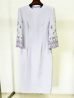 Platlogy Bright Yellow Beaded Tassel Mid Sleeve Midi Dress Elegant Formal Party Cocktail Wedding Guest Dress