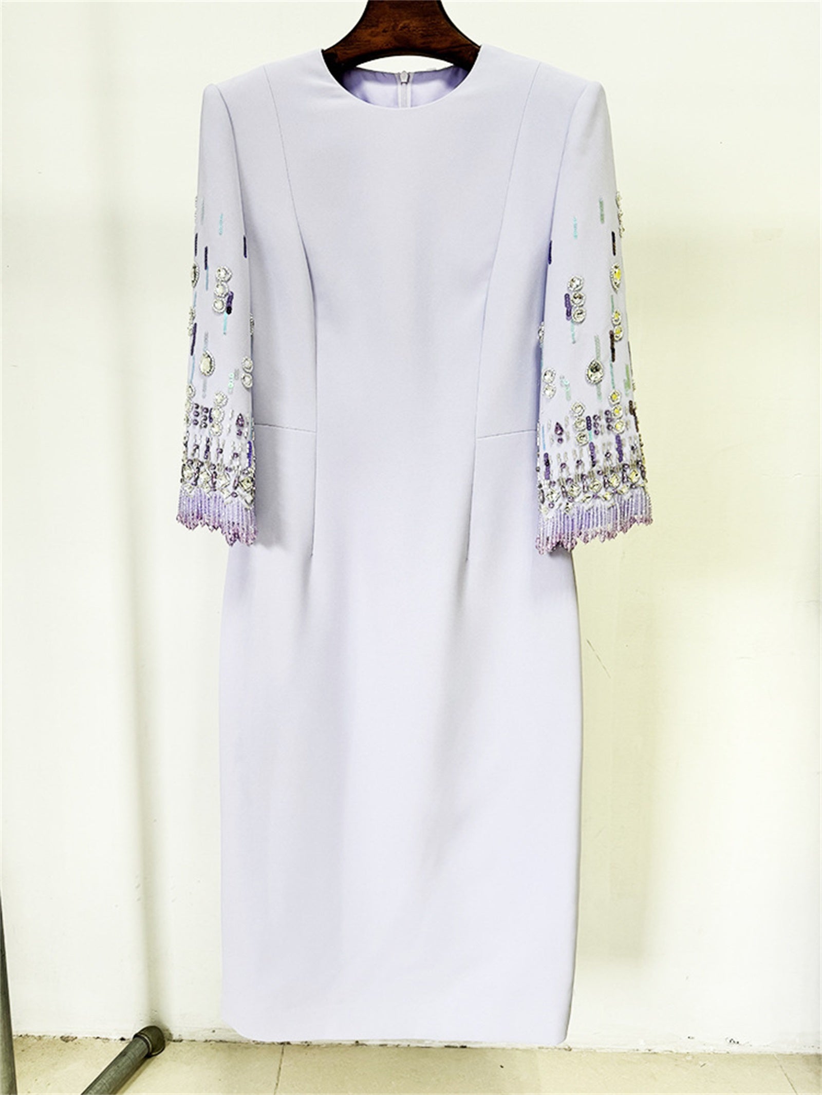 Platlogy Bright Yellow Beaded Tassel Mid Sleeve Midi Dress Elegant Formal Party Cocktail Wedding Guest Dress