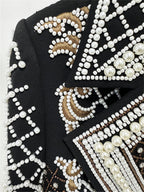 Platlogy Luxury Heavy Pearl Embroidered Cropped Blazer Women Lapel Long Sleeve Elegant Party Dressy Jacket