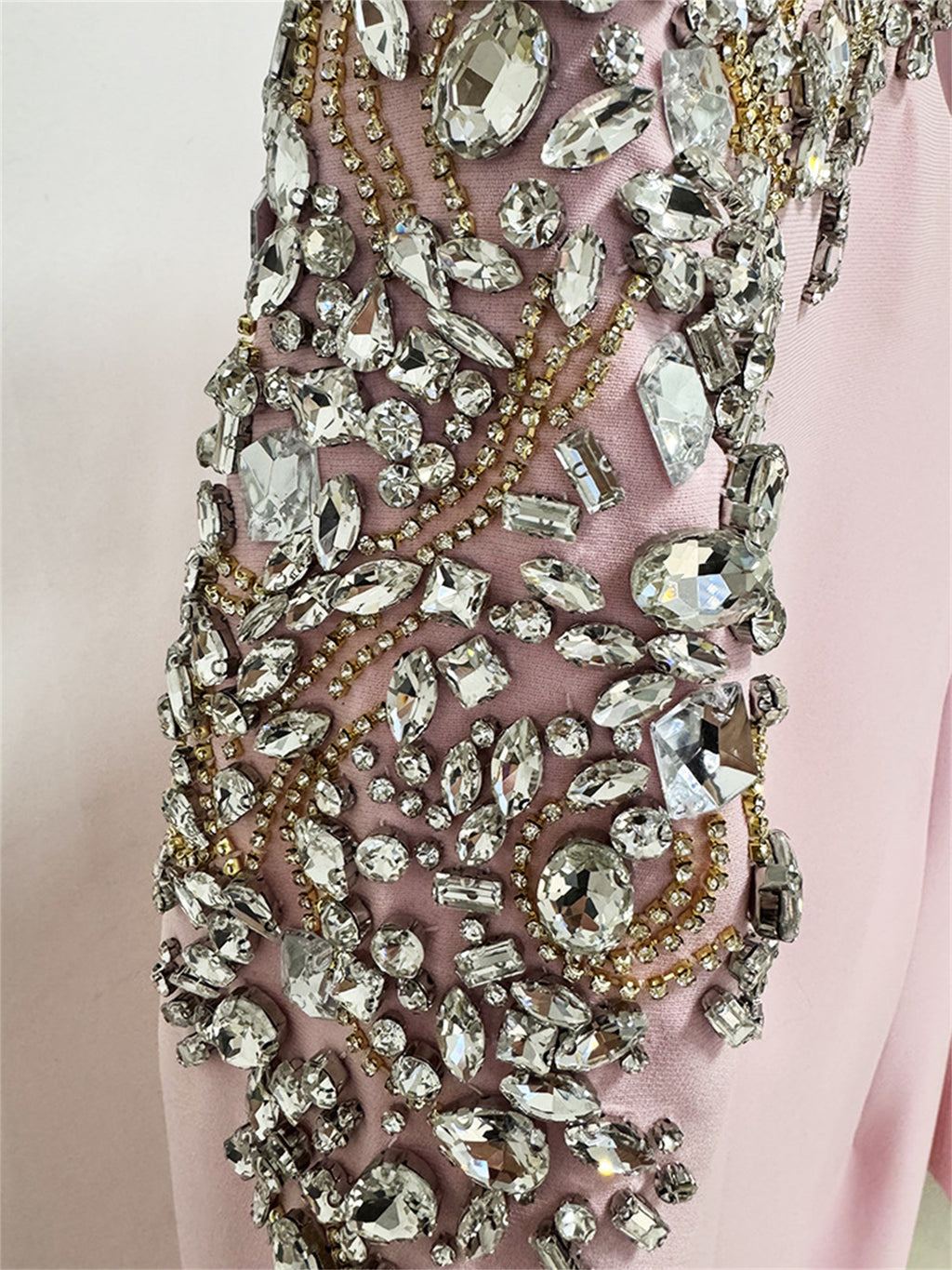 Platlogy Pink Shoulder Rhinestone Embellished Long Sleeve Midi Formal Dress Elegant Party Cocktail Sheath Dress
